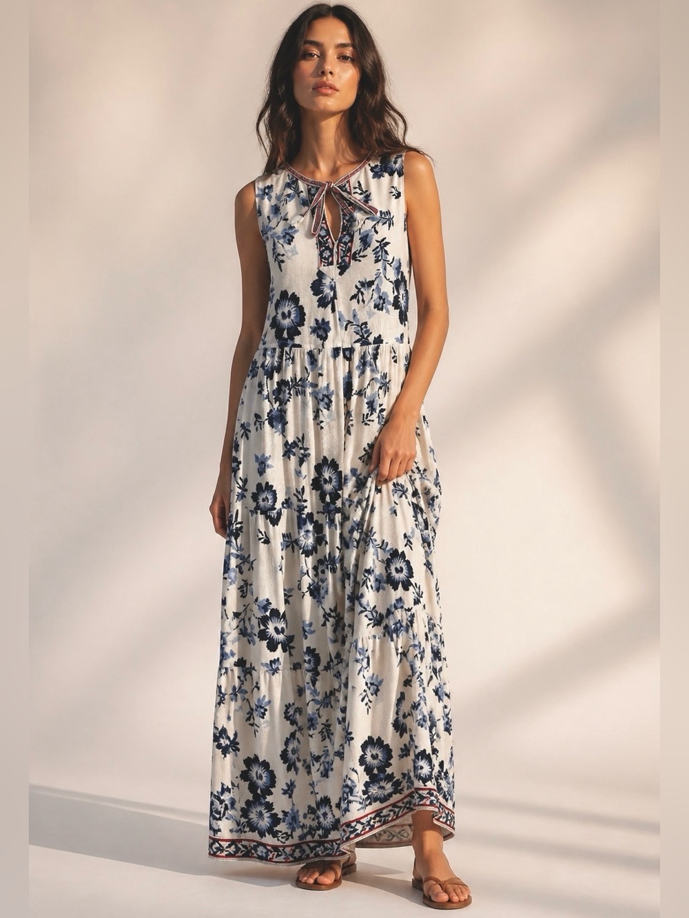 Max Studio Cream Maxi Dress with Blue Floral Print